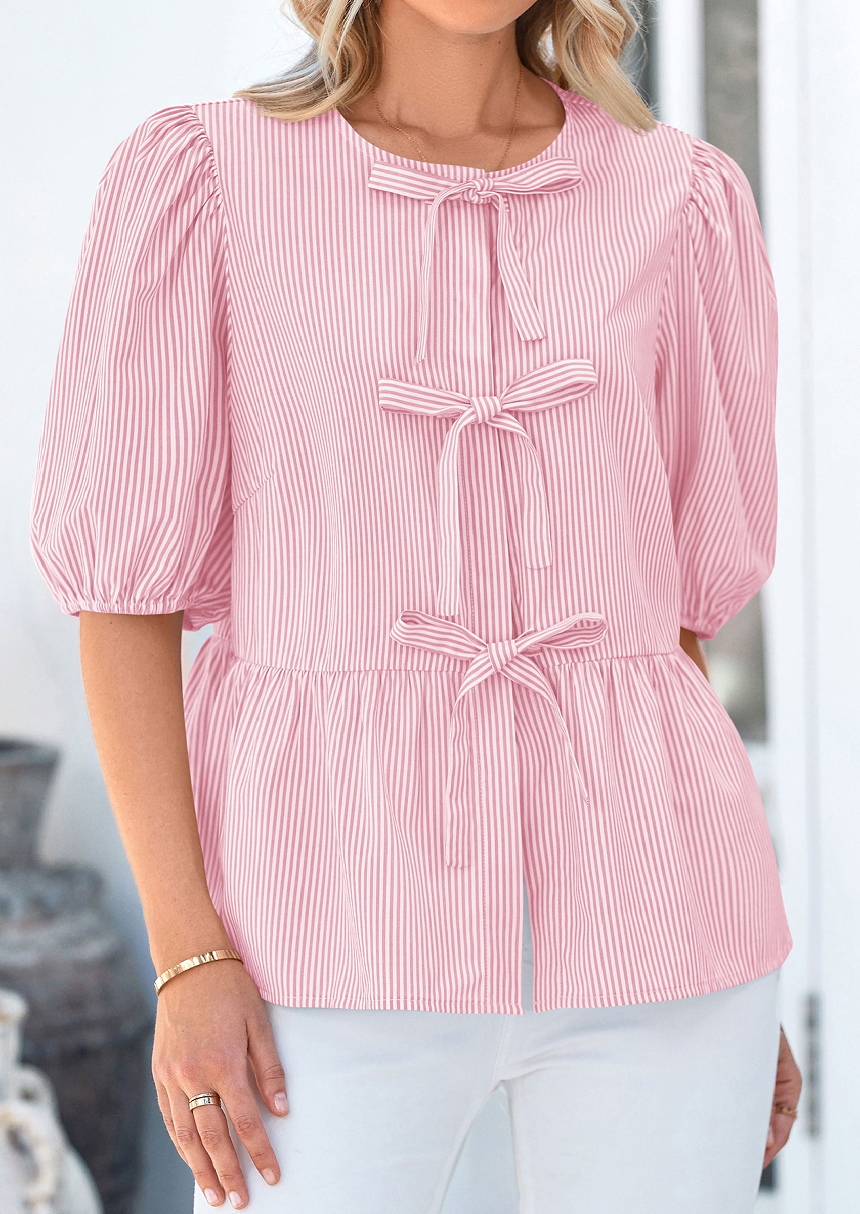 PRETTYGARDEN Women's Tie Front Striped Shirt Summer Trendy Fashion Cute Babydoll Tops Peplum Puffy Sleeve Blouse