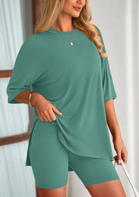 PRETTYGARDEN Women's Two Piece Lounge Set Summer Casual Oversized Shirts Biker Shorts Matching Airport Travel Outfit