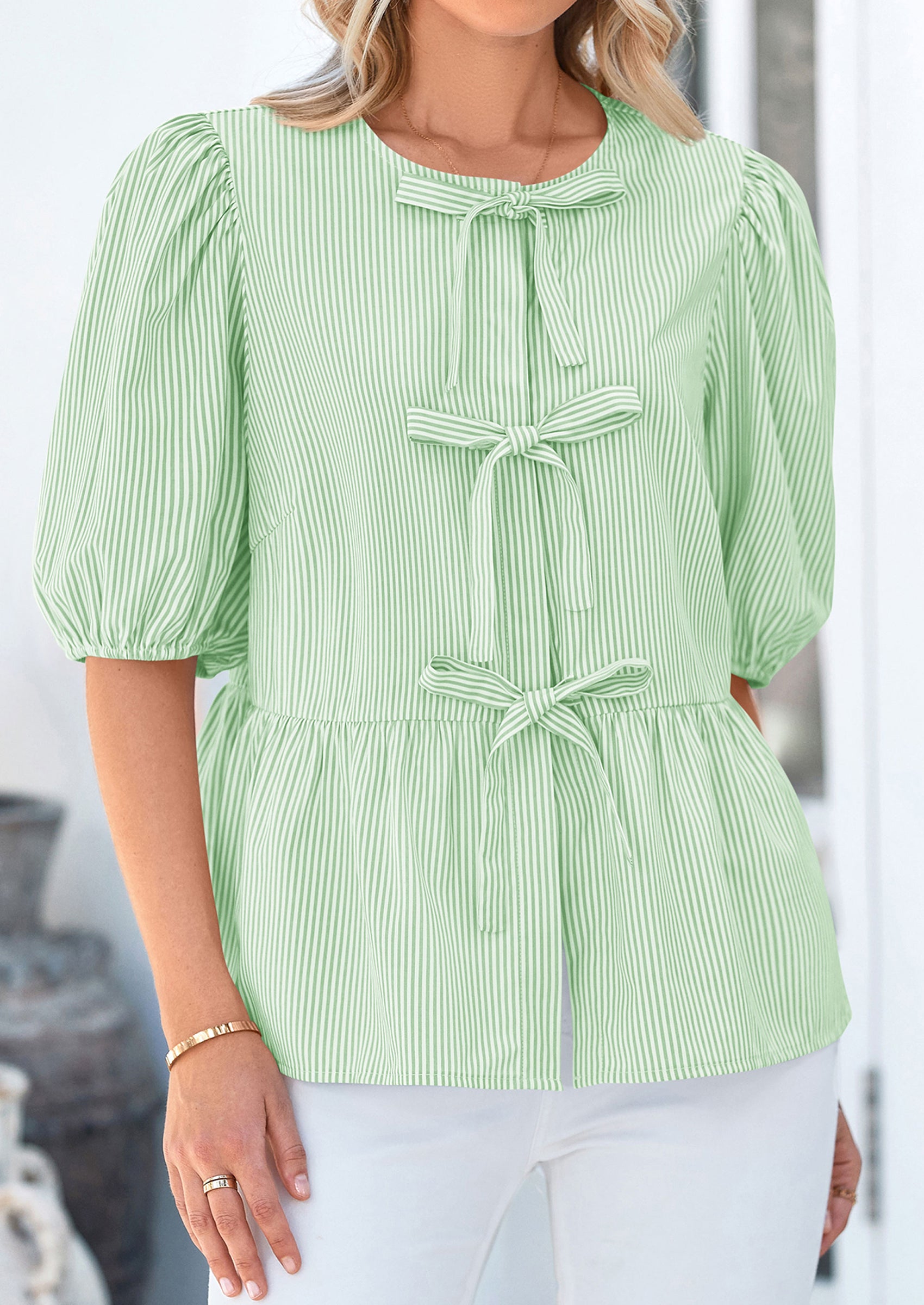 PRETTYGARDEN Women's Tie Front Striped Shirt Summer Trendy Fashion Cute Babydoll Tops Peplum Puffy Sleeve Blouse