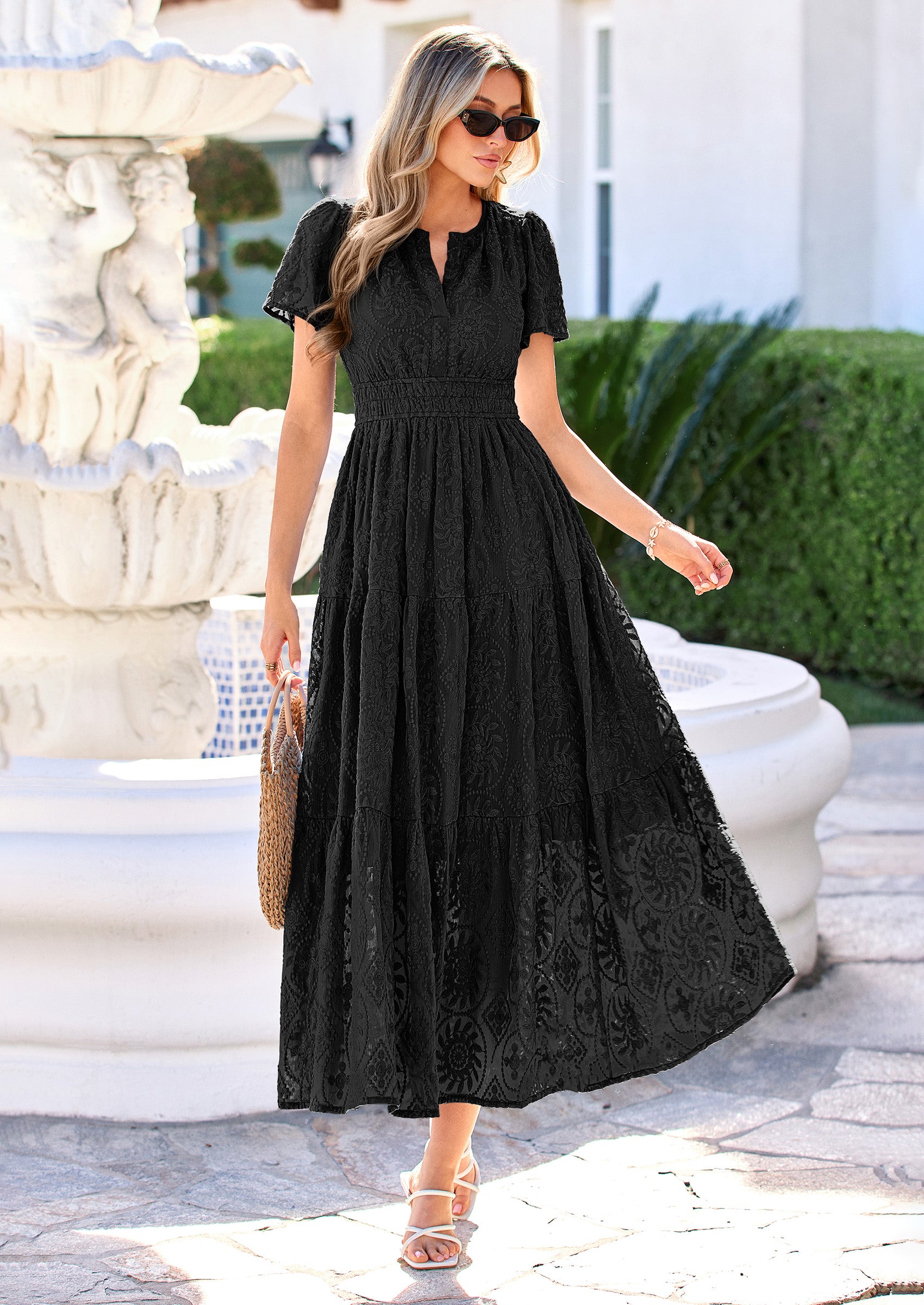 PRETTYGARDEN Womens Boho Maxi Dress Floral Summer Spring Short Sleeve V Neck A Line Embroidered Beach Vacation Dresses