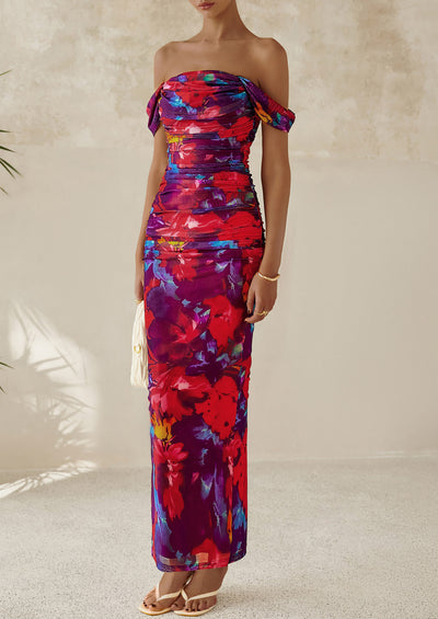 PRETTYGARDEN Maxi Dresses for Women Summer Elegant Floral Off Shoulder Ruched Mesh Cocktail Wedding Guest Dress