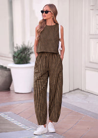 PRETTYGARDEN Womens 2 Piece Sets Summer Plaid Sleeveless Tops Wide Leg Pants Matching Lounge Set Beach Vacation Outfits