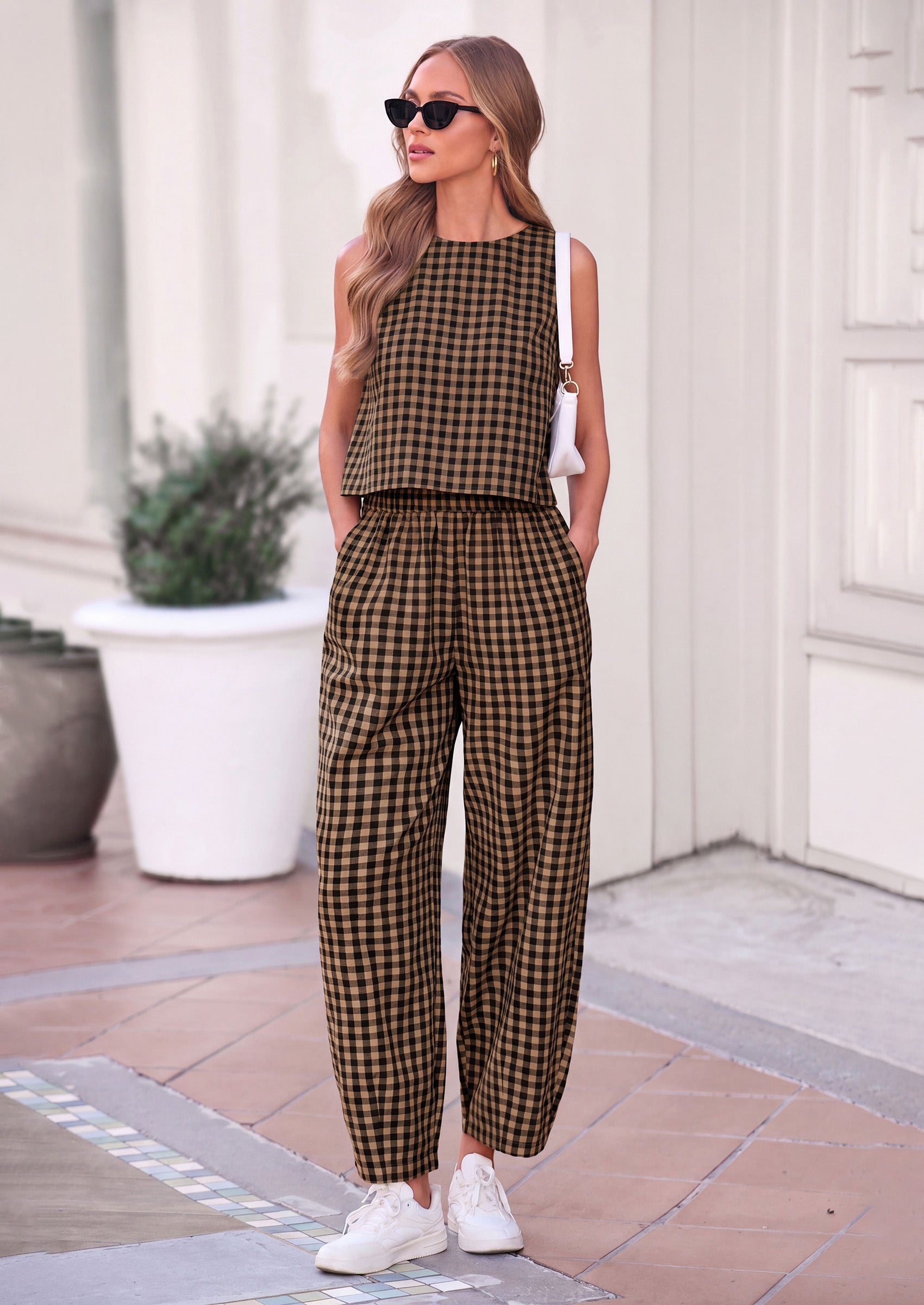 PRETTYGARDEN Womens 2 Piece Sets Summer Plaid Sleeveless Tops Wide Leg Pants Matching Lounge Set Beach Vacation Outfits