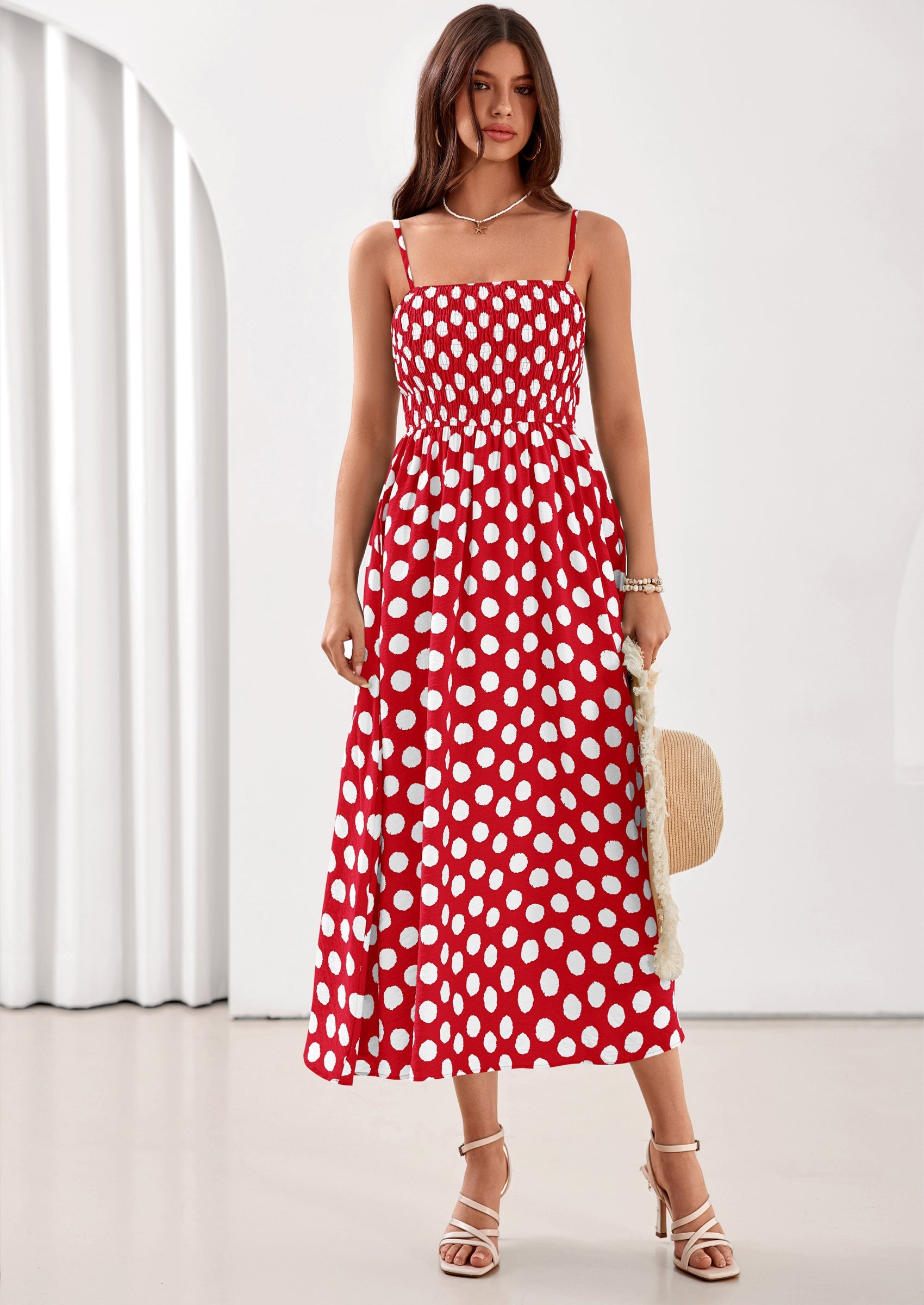 PRETTYGARDEN Womens Summer Dresses Spring Sleeveless Spaghetti Straps Casual Midi Dress Polka Dot Smocked Beach Sundress PRETTYGARDEN