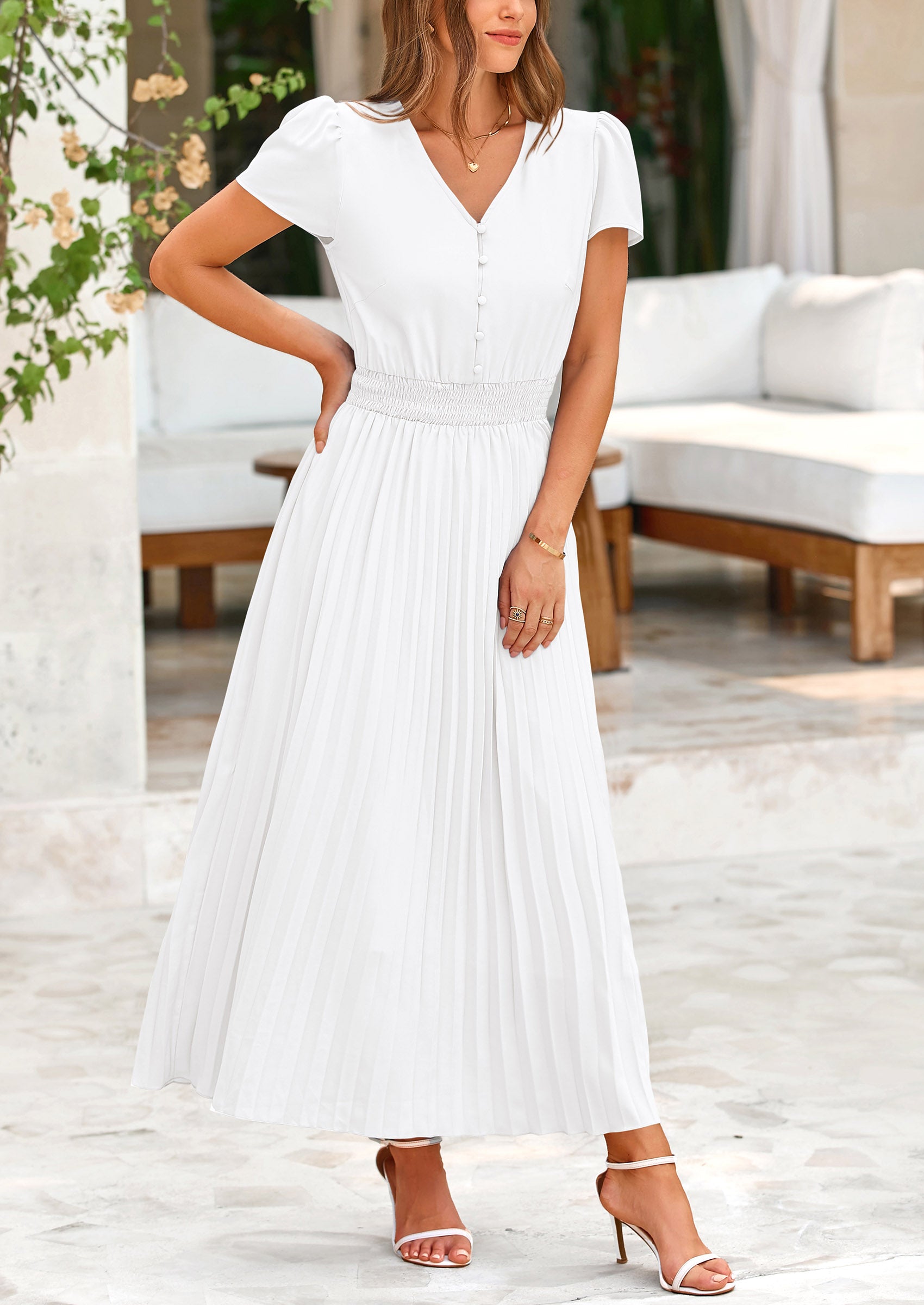 PRETTYGARDEN Women's Maxi Dresses Summer Trendy Cap Short Sleeve Button V Neck Casual Flowy Pleated Long Dress