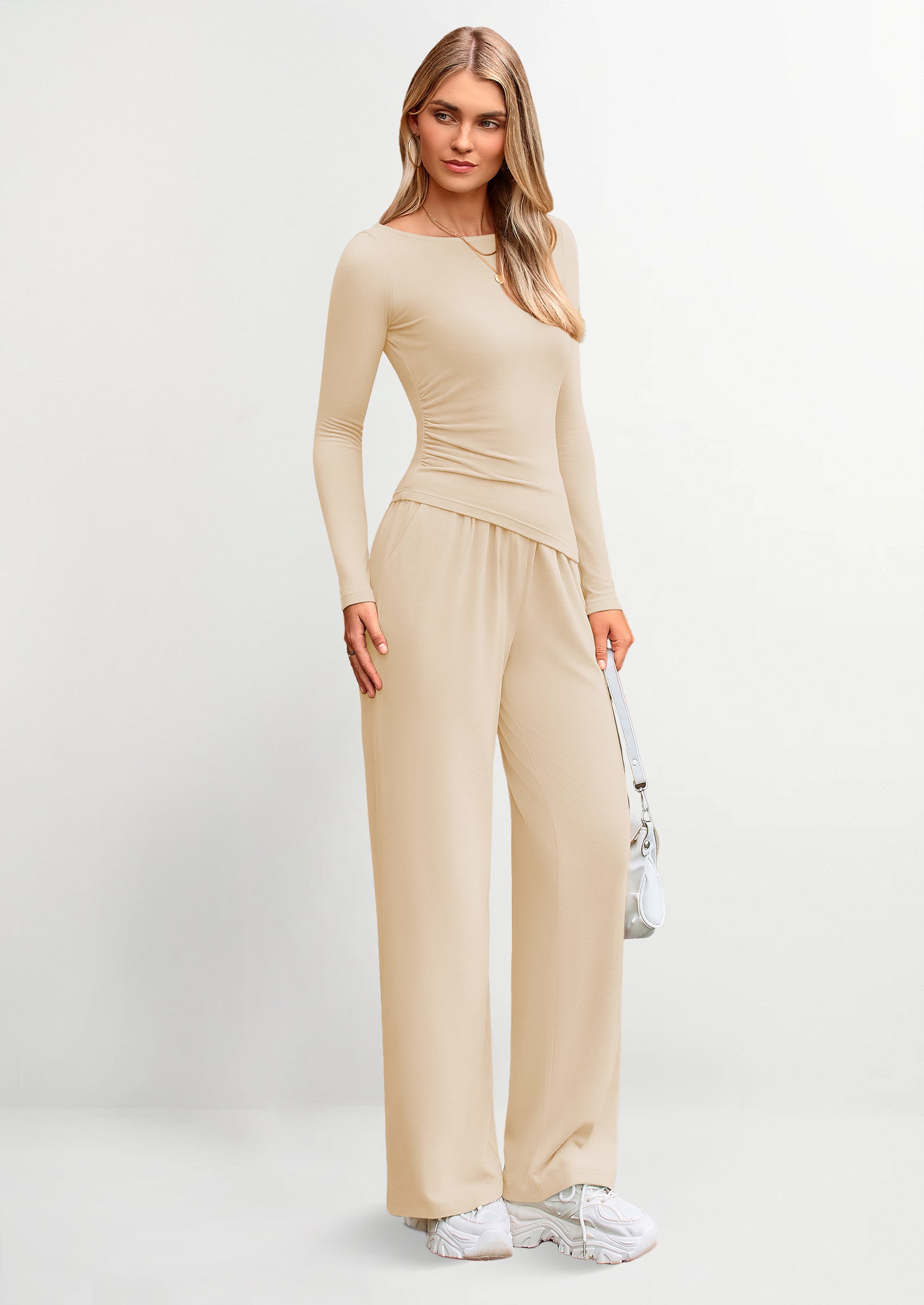 PRETTYGARDEN Women's 2 Piece Lounge Sets Asymmetrical Long Sleeve T Shirt Wide Leg Pants Casual Outfits Tracksuit