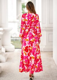 PRETTYGARDEN Women's Fall Boho Maxi Dress Floral Long Sleeve V Neck Flowy Belted Elegant Holiday Party Dresses