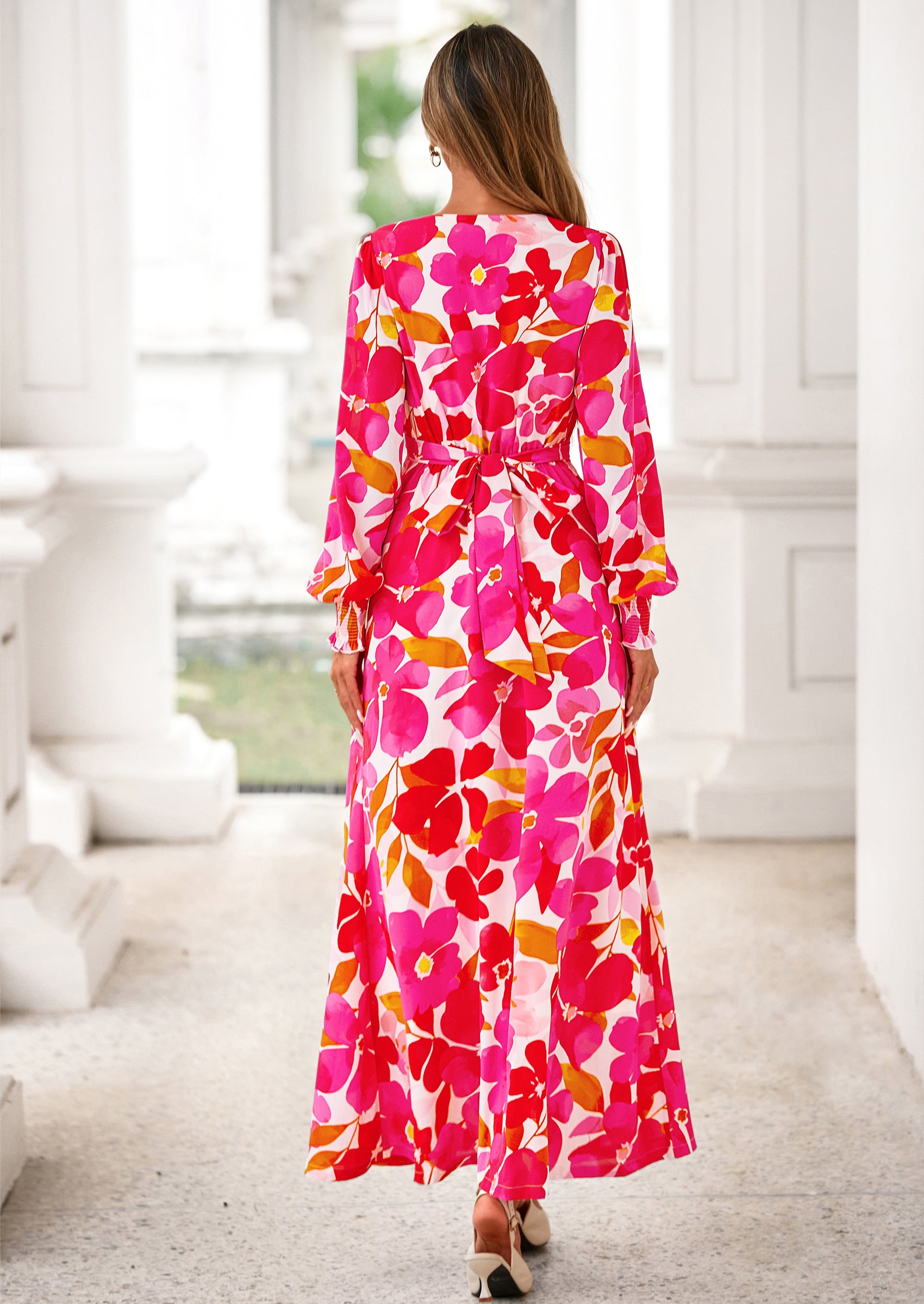 PRETTYGARDEN Women's Fall Boho Maxi Dress Floral Long Sleeve V Neck Flowy Belted Elegant Holiday Party Dresses