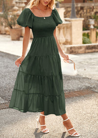 PRETTYGARDEN Women's Summer Casual Midi Dress Puffy Short Sleeve Square Neck Smocked Tiered Ruffle Dresses
