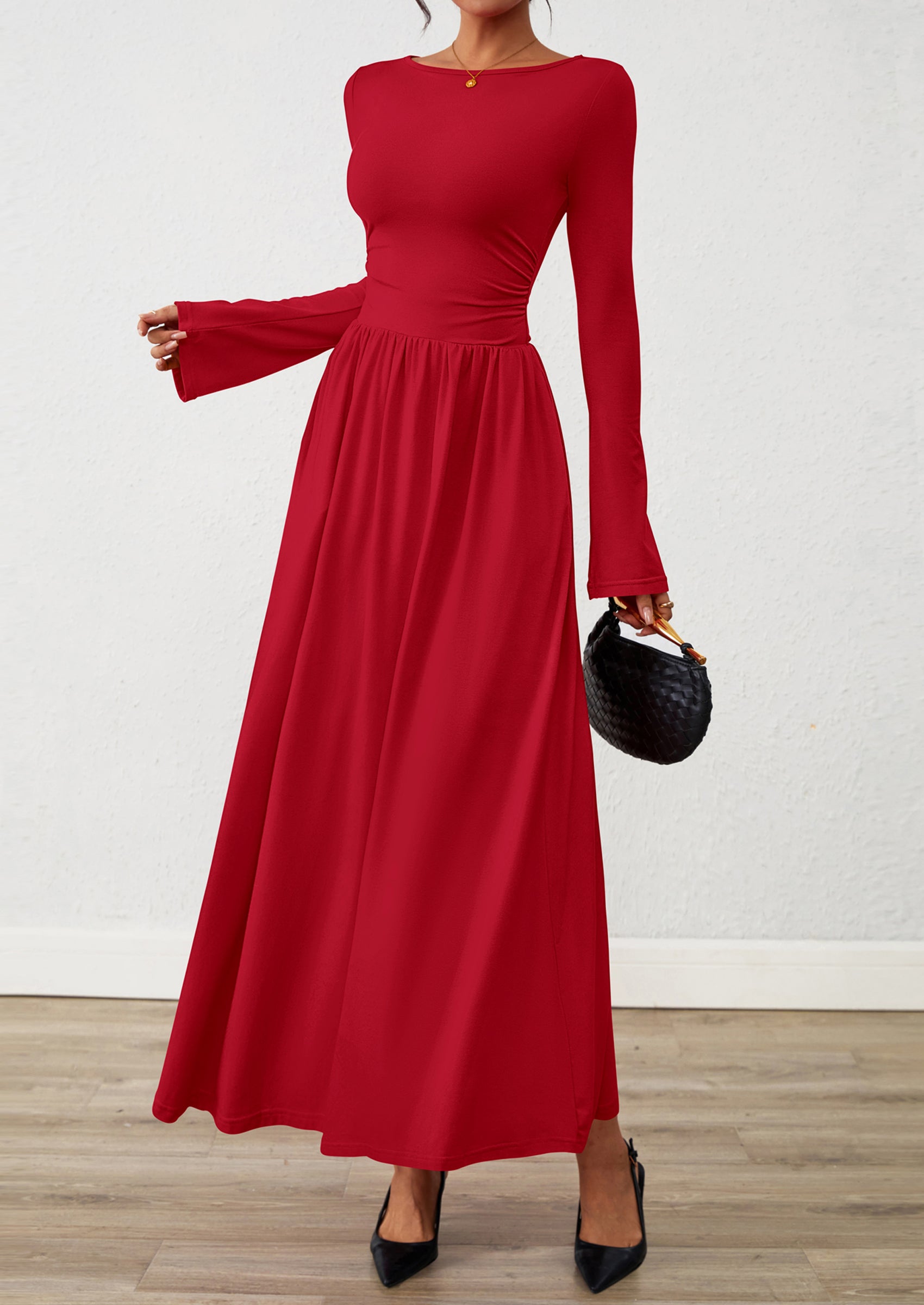 BTFBM Long Sleeve Maxi Dresses for Women Fall Casual Ruched Boat Neck Flowy Elegant Formal Wedding Guest Dress