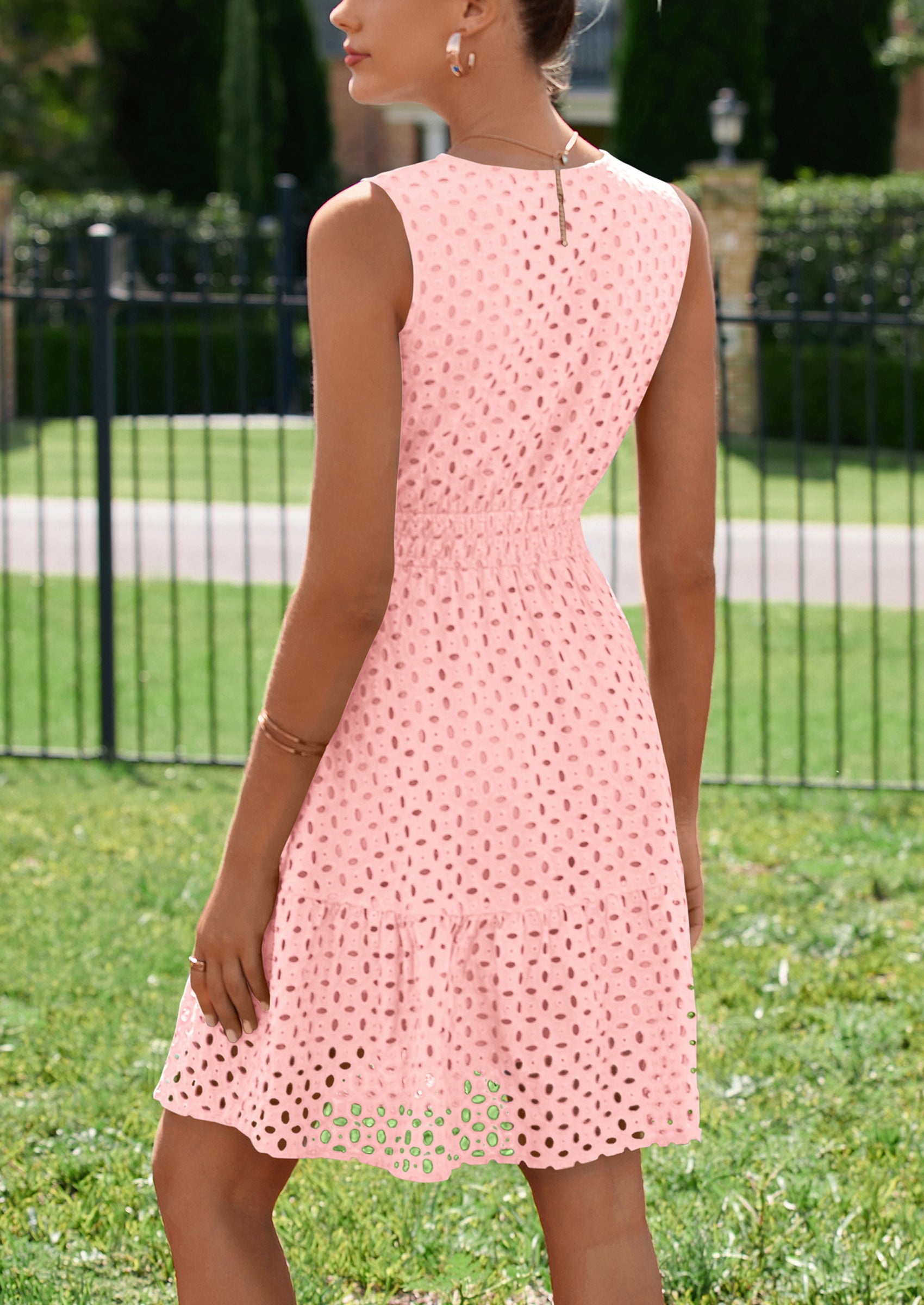 PRETTYGARDEN Women's Summer Dresses Sleeveless V Neck Eyelet Hollow Out Swing A Line Beach Vacation Sun Dress