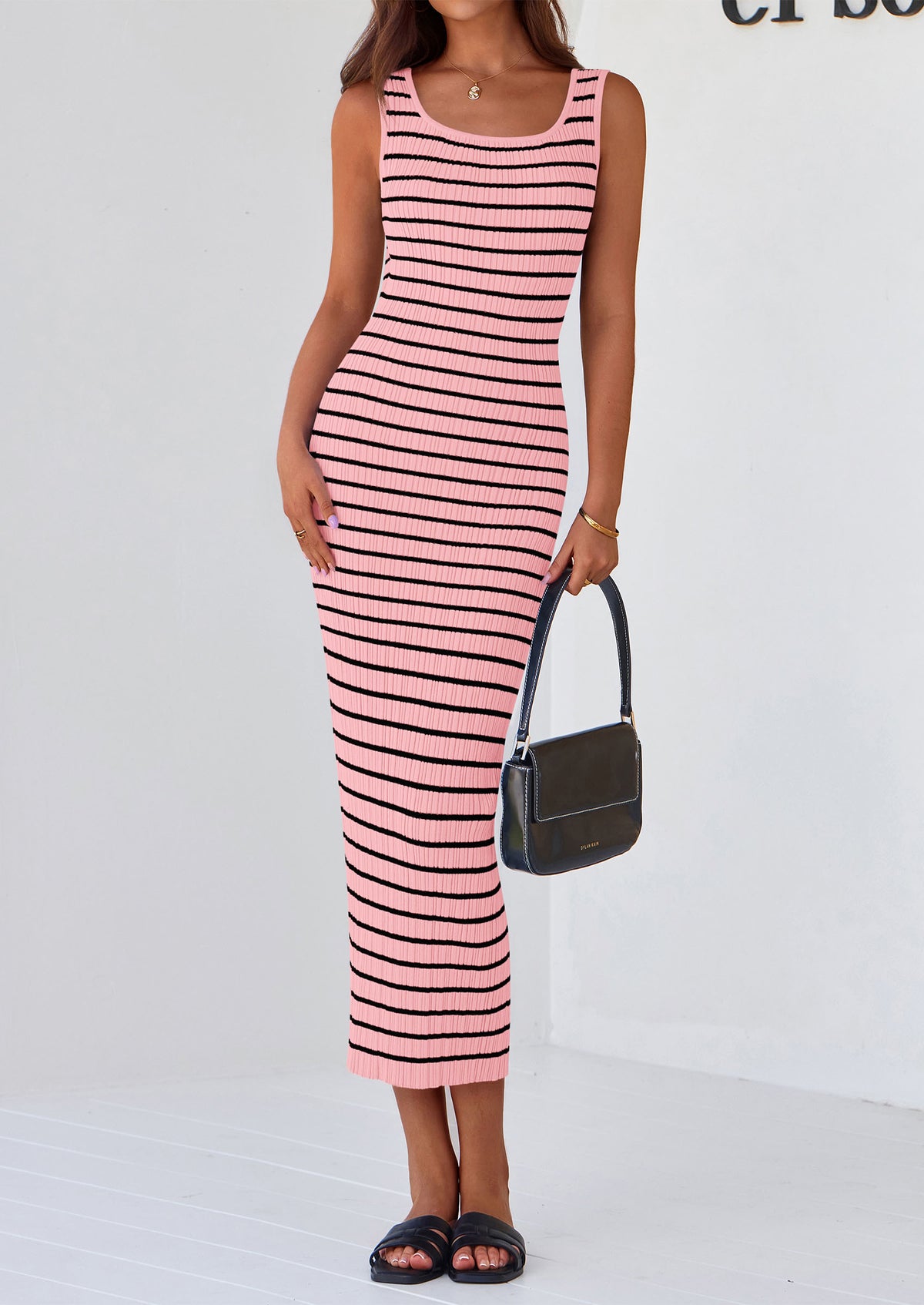 Womens Summer Tank Dress Casual Sleeveless Striped Ribbed Knit Long Dresses Beach Vacation Sundress