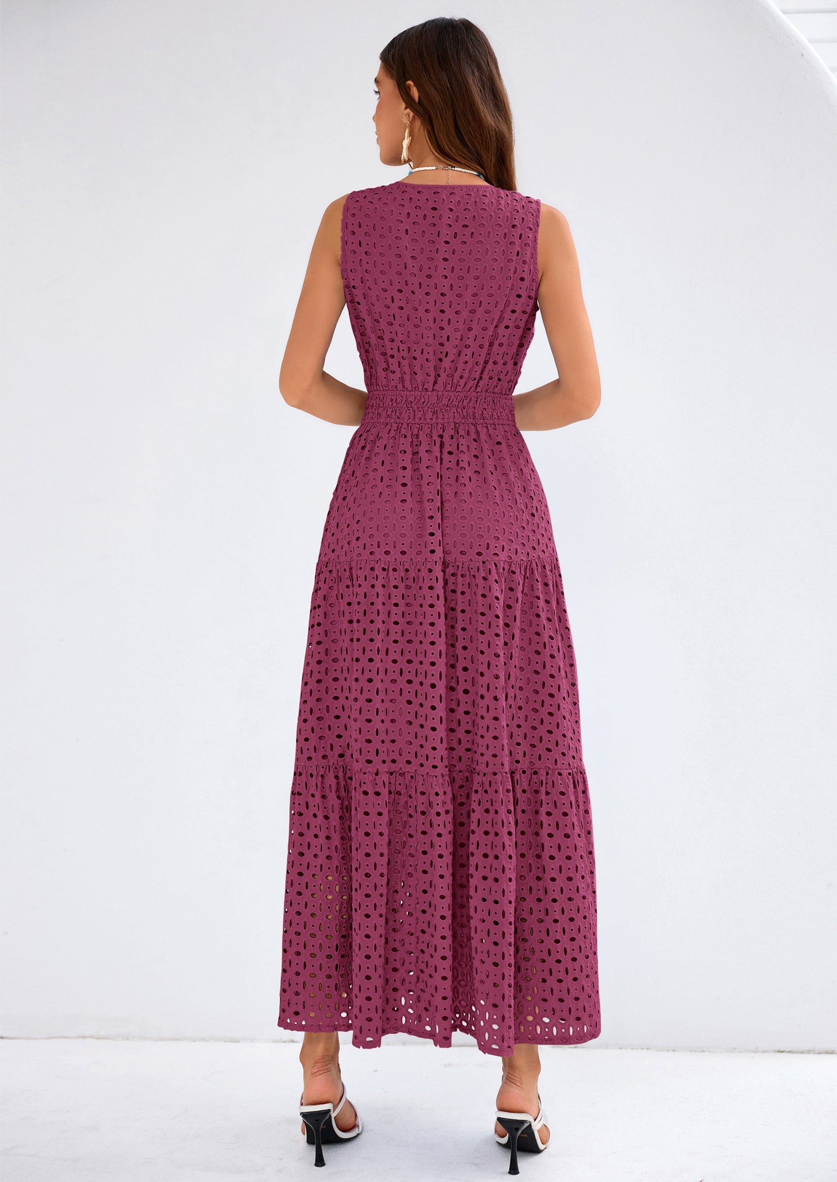 PRETTYGARDEN Summer Dresses for Women Sundresses Sleeveless V Neck Eyelet A Line Flowy Beach Vacation Spring Maxi Dress PRETTYGARDEN