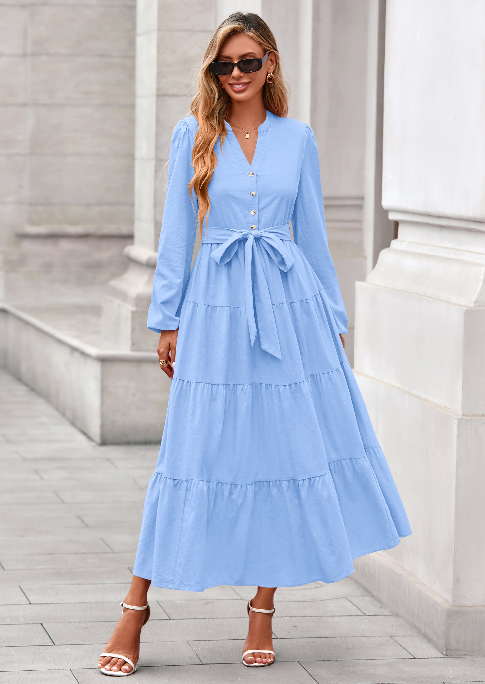 PRETTYGARDEN Fall Dresses for Women Long Sleeve V Neck Belted Ruffle A Line Flowy Boho Maxi Wedding Guest Dress Pockets