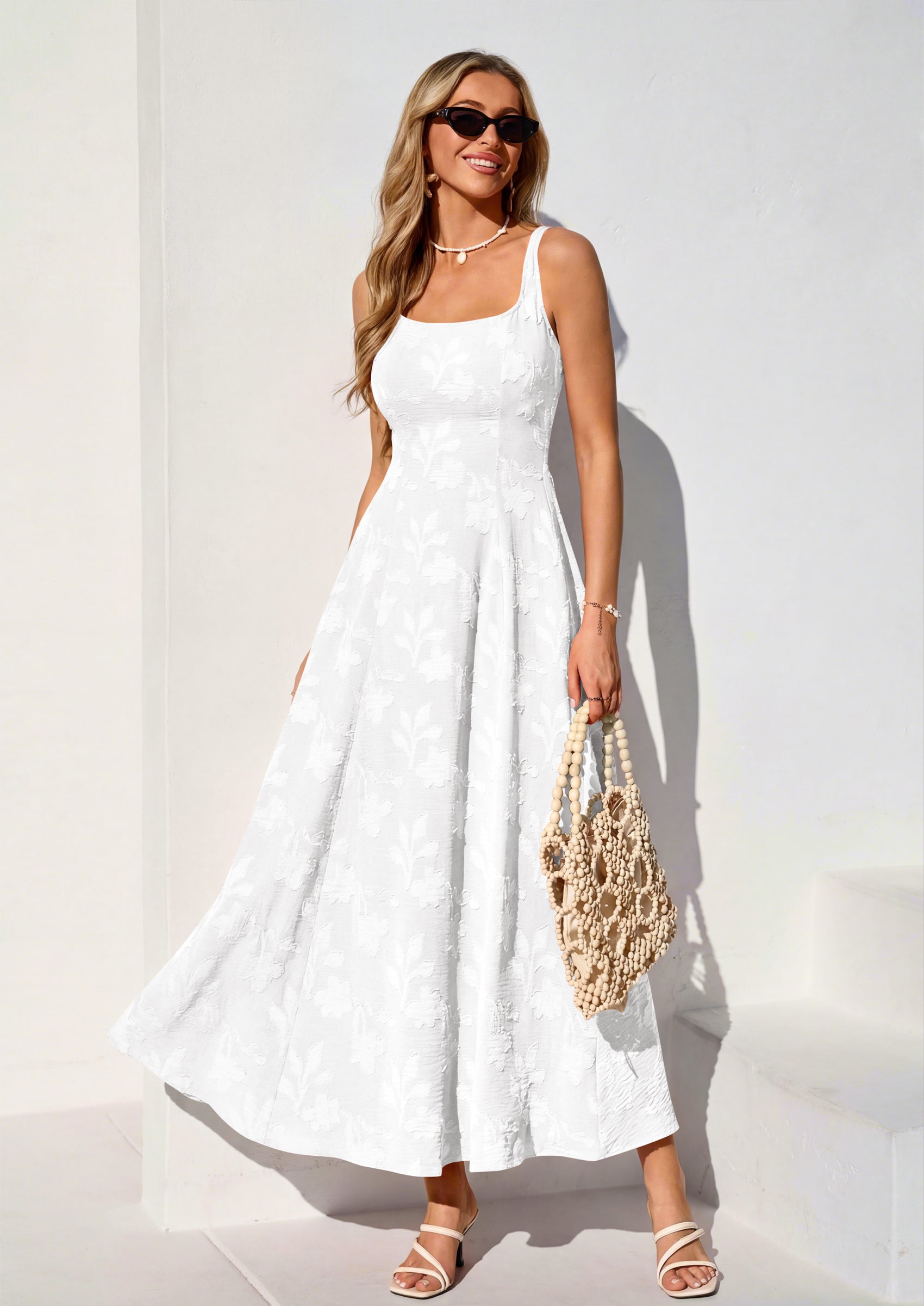 PRETTYGARDEN Womens Summer Maxi Dresses Casual Sleeveless Square Neck Jacquard Flowy Wedding Guest Beach Boho Long Dress