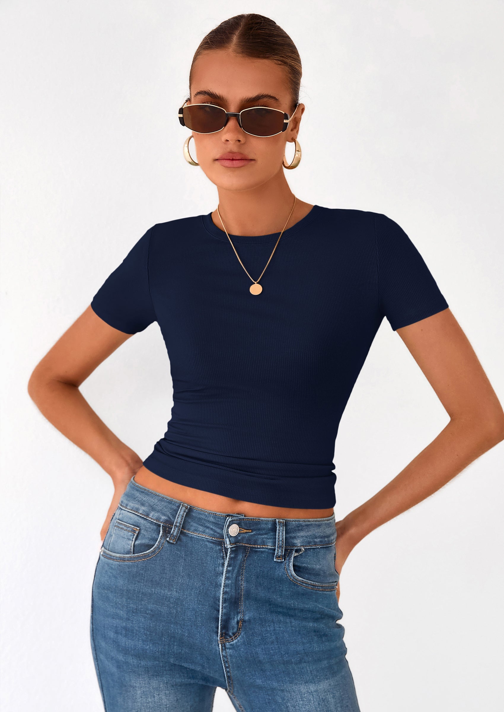 PRETTYGARDEN Women Summer Crew Neck Short Sleeve Tops Ribbed Knit Slim Fit Fashion Basic Tee Shirts Casual Going Out Top PRETTYGARDEN