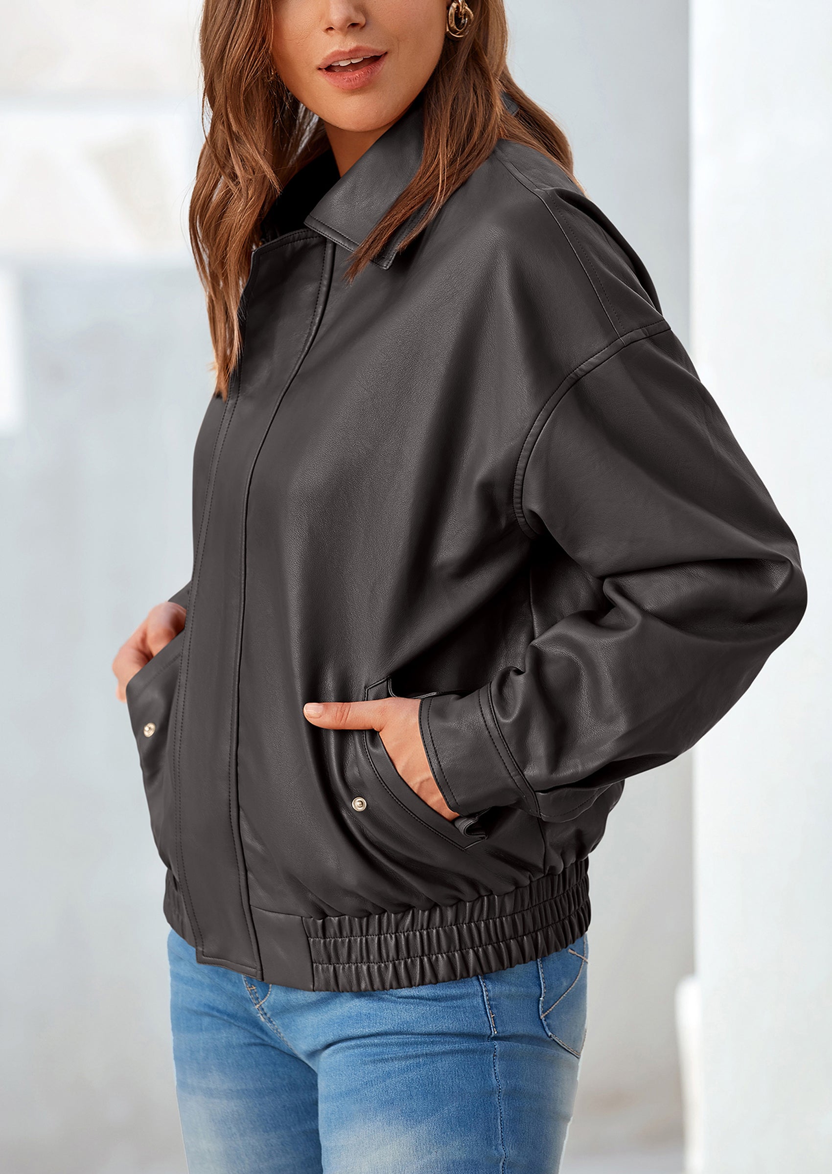 PRETTYGARDEN Women's Faux Leather Motorcycle Jacket Trendy Fall Spring Clothes Oversized Zip Up Winter Coat Outerwear