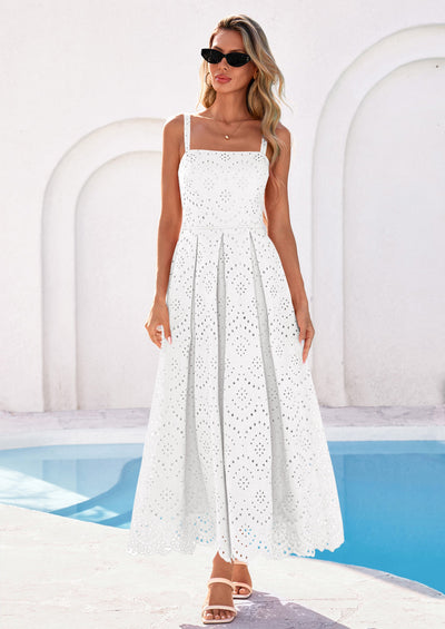 PRETTYGARDEN Womens Sleeveless Maxi Summer Dresses Hollow Out Eyelet Square Neck Ruffle Flowy Beach Vacation Sundress PRETTYGARDEN