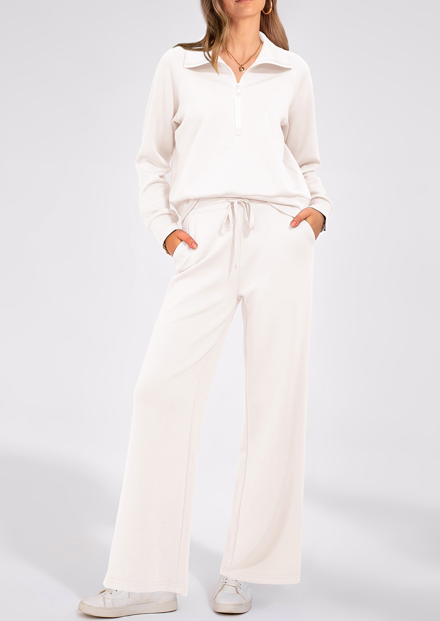 PRETTYGARDEN Women's 2 Piece Outfits Casual Lapel Half Zip Sweatshirts And Wide Leg Pants Tracksuit Sets