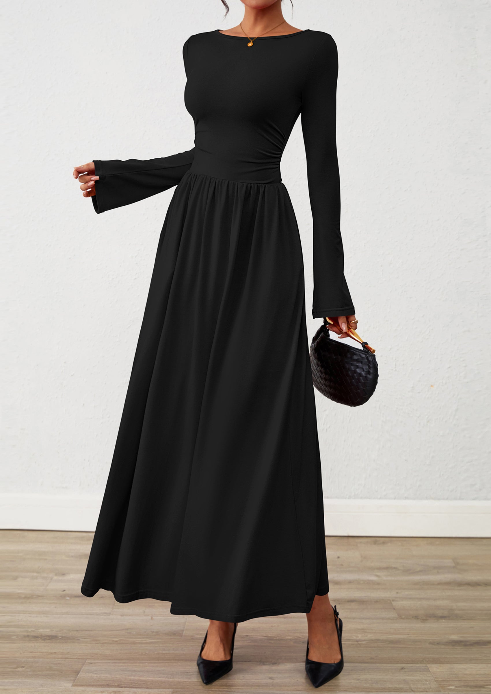 BTFBM Long Sleeve Maxi Dresses for Women Fall Casual Ruched Boat Neck Flowy Elegant Formal Wedding Guest Dress
