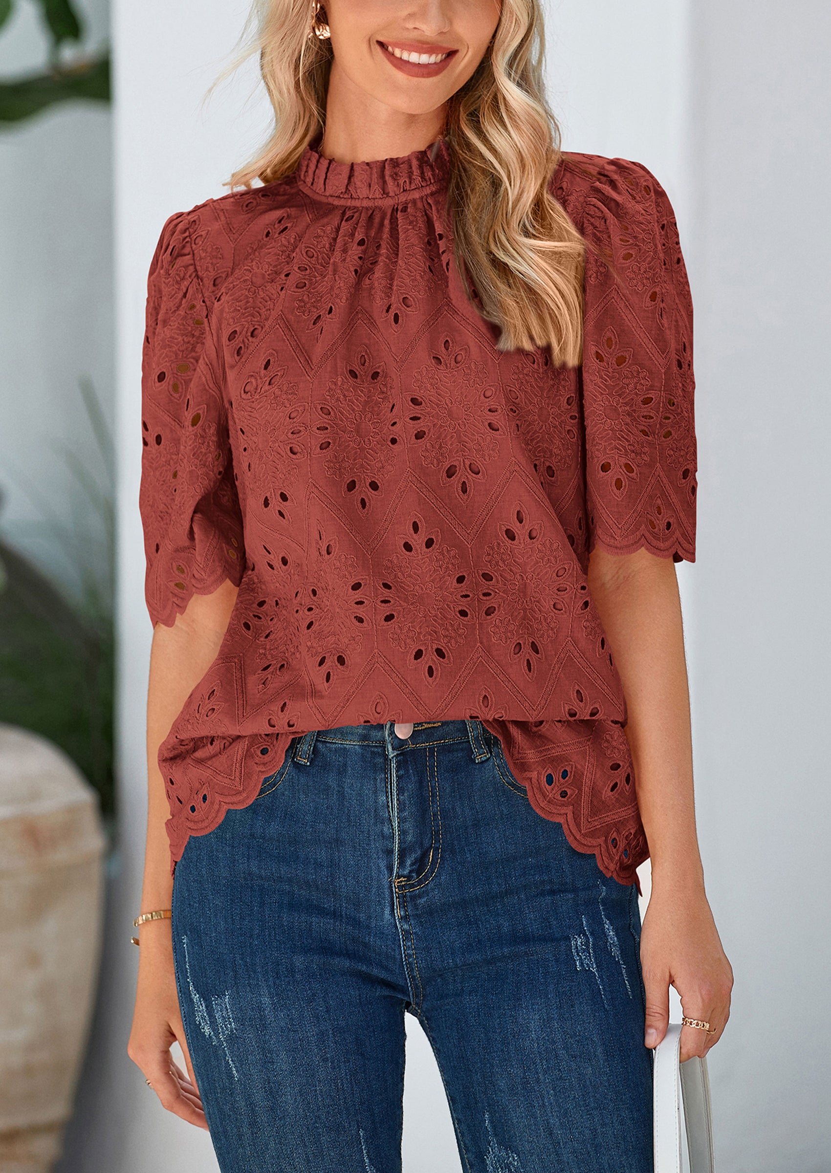 PRETTYGARDEN Womens Summer Tops Trendy Short Sleeve Eyelet Embroidered Dressy Casual Blouse Shirts