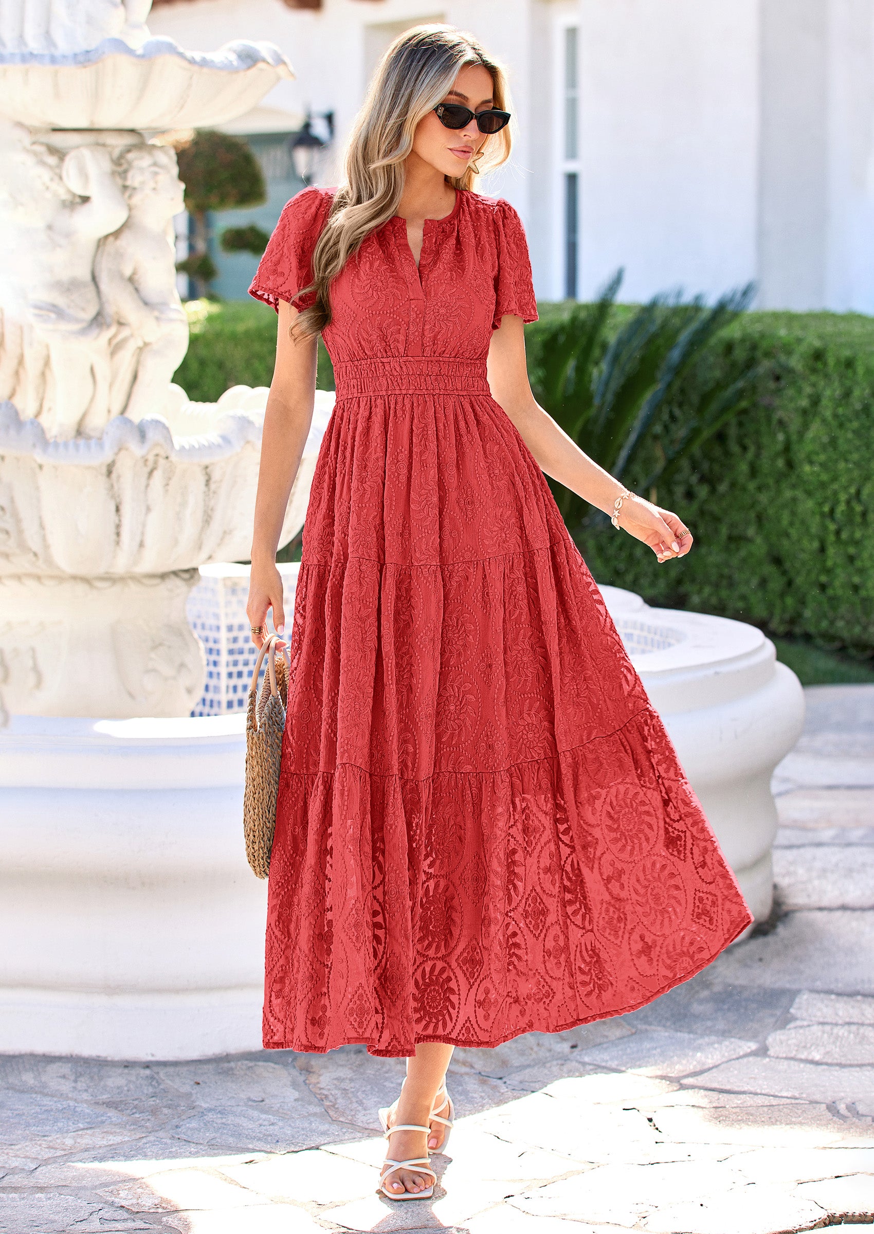 PRETTYGARDEN Womens Boho Maxi Dress Floral Summer Spring Short Sleeve V Neck A Line Embroidered Beach Vacation Dresses