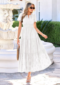 PRETTYGARDEN Womens Boho Maxi Dress Floral Summer Spring Short Sleeve V Neck A Line Embroidered Beach Vacation Dresses