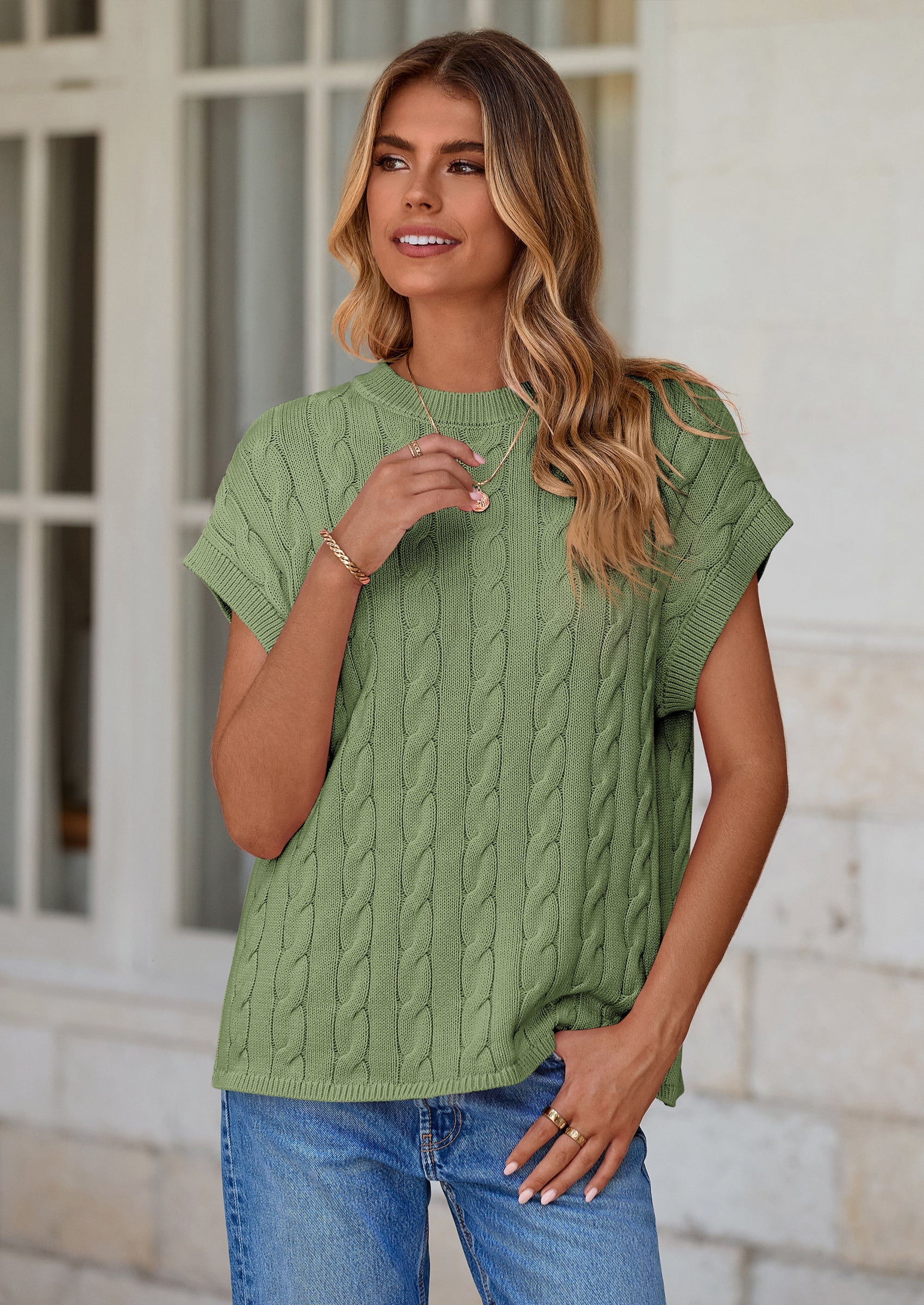 PRETTYGARDEN Women's Sweater Vest Summer Short Sleeve Tops Casual Crewneck Knit Oversized Pullover Trendy Spring Outfits PRETTYGARDEN