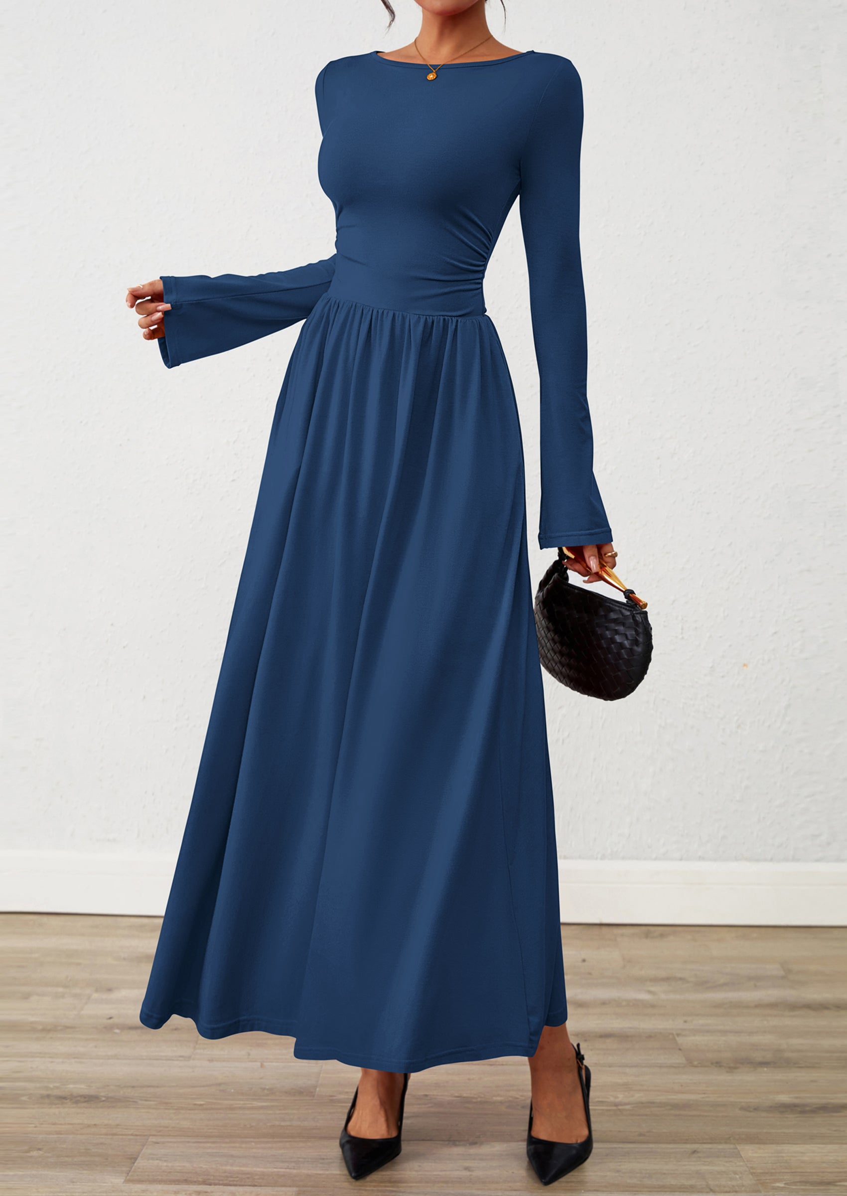 BTFBM Long Sleeve Maxi Dresses for Women Fall Casual Ruched Boat Neck Flowy Elegant Formal Wedding Guest Dress
