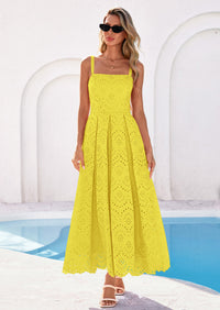 PRETTYGARDEN Womens Sleeveless Maxi Summer Dresses Hollow Out Eyelet Square Neck Ruffle Flowy Beach Vacation Sundress PRETTYGARDEN