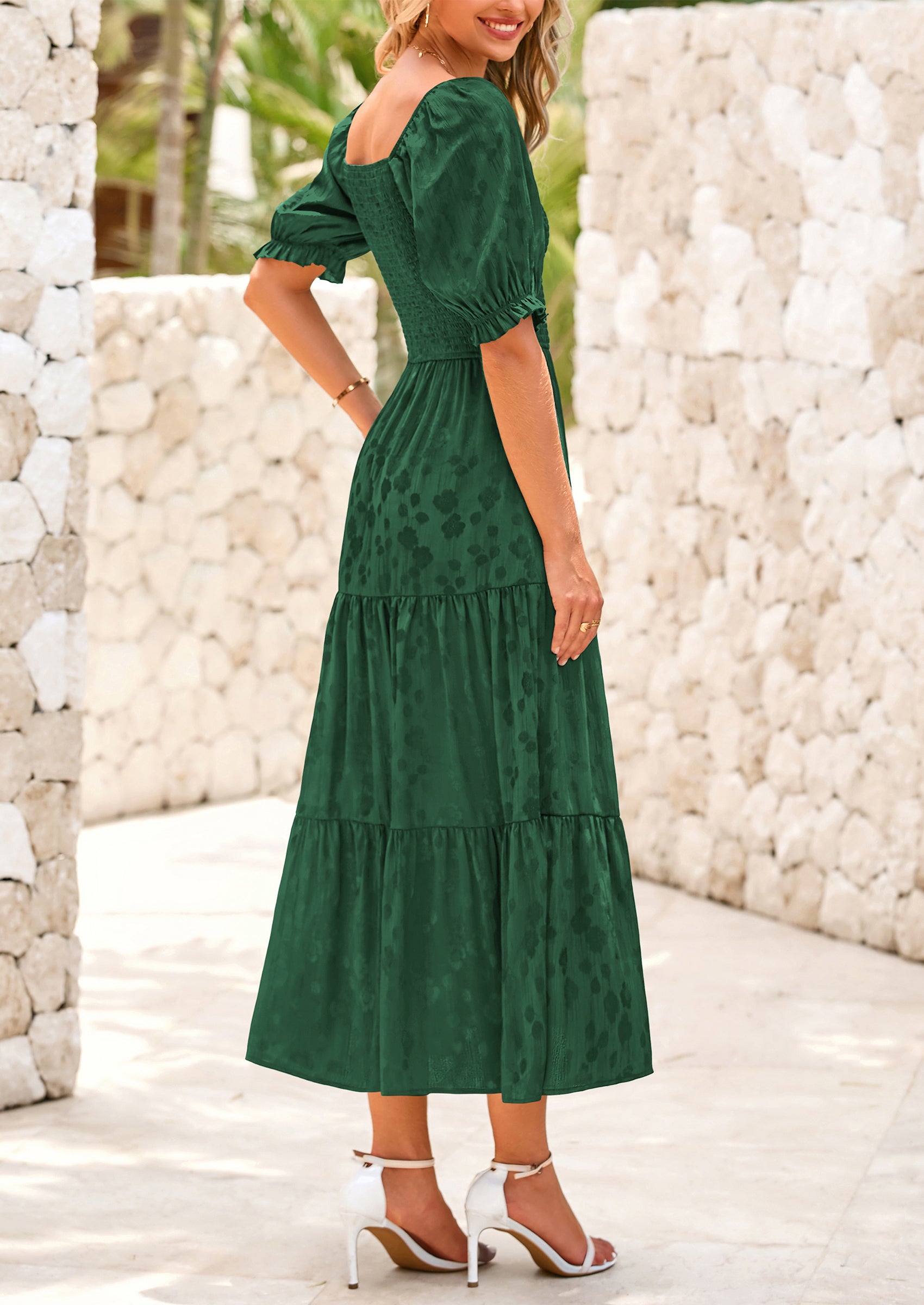 PRETTYGARDEN Women's Casual Midi Dresses Square Neck Short Sleeve Smocked A Line Floral Flowy Elegant Boho Dress