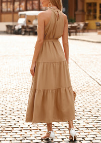 PRETTYGARDEN Women's Summer Floral Maxi Sun Dress Sleeveless Halter Neck Flowy Ruffle Hem Long Boho Dresses with Belt