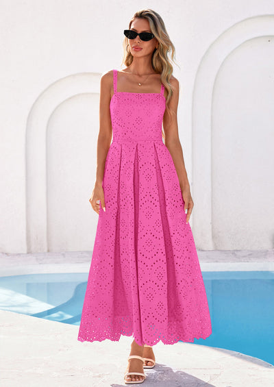 PRETTYGARDEN Womens Sleeveless Maxi Summer Dresses Hollow Out Eyelet Square Neck Ruffle Flowy Beach Vacation Sundress PRETTYGARDEN