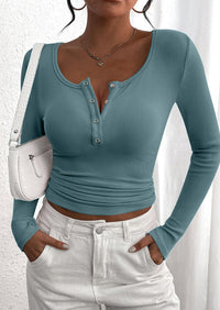 BTFBM Women Long Sleeve Shirts Fall Tops V Neck Button Up Slim Fit Ribbed Knit Solid Color Casual Shirts