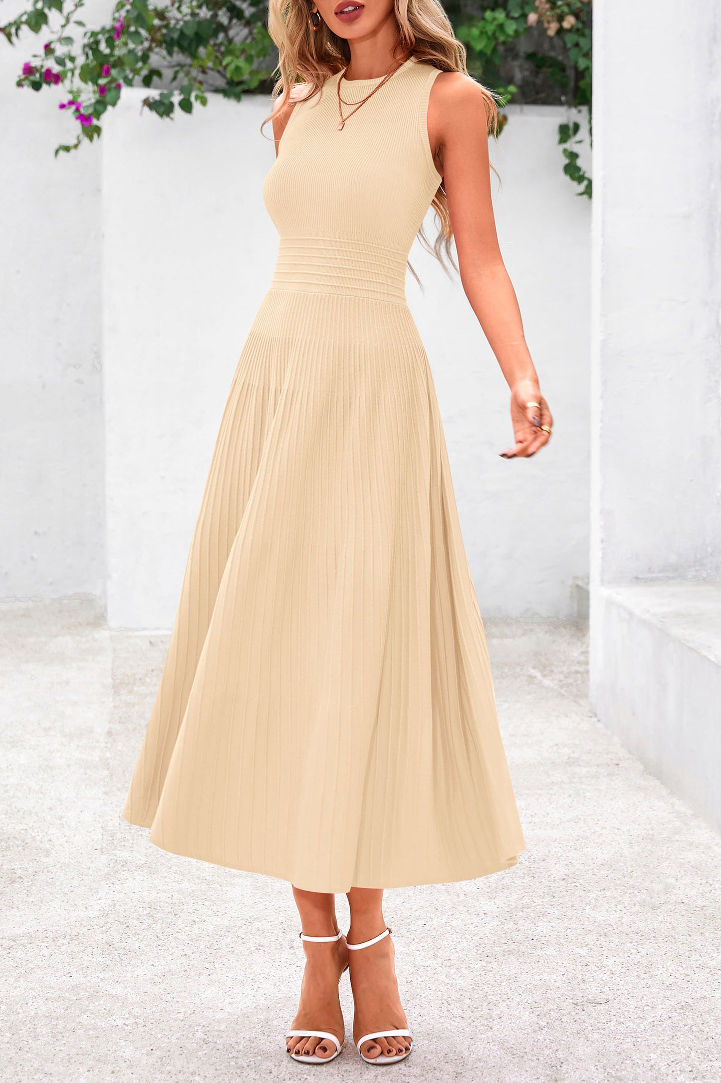 Women's Summer Midi Dresses 2025 Sleeveless Crewneck Knit A Line Pleated Swing Wedding Guest Casual Tank Dress