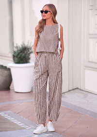 PRETTYGARDEN Womens 2 Piece Sets Summer Plaid Sleeveless Tops Wide Leg Pants Matching Lounge Set Beach Vacation Outfits