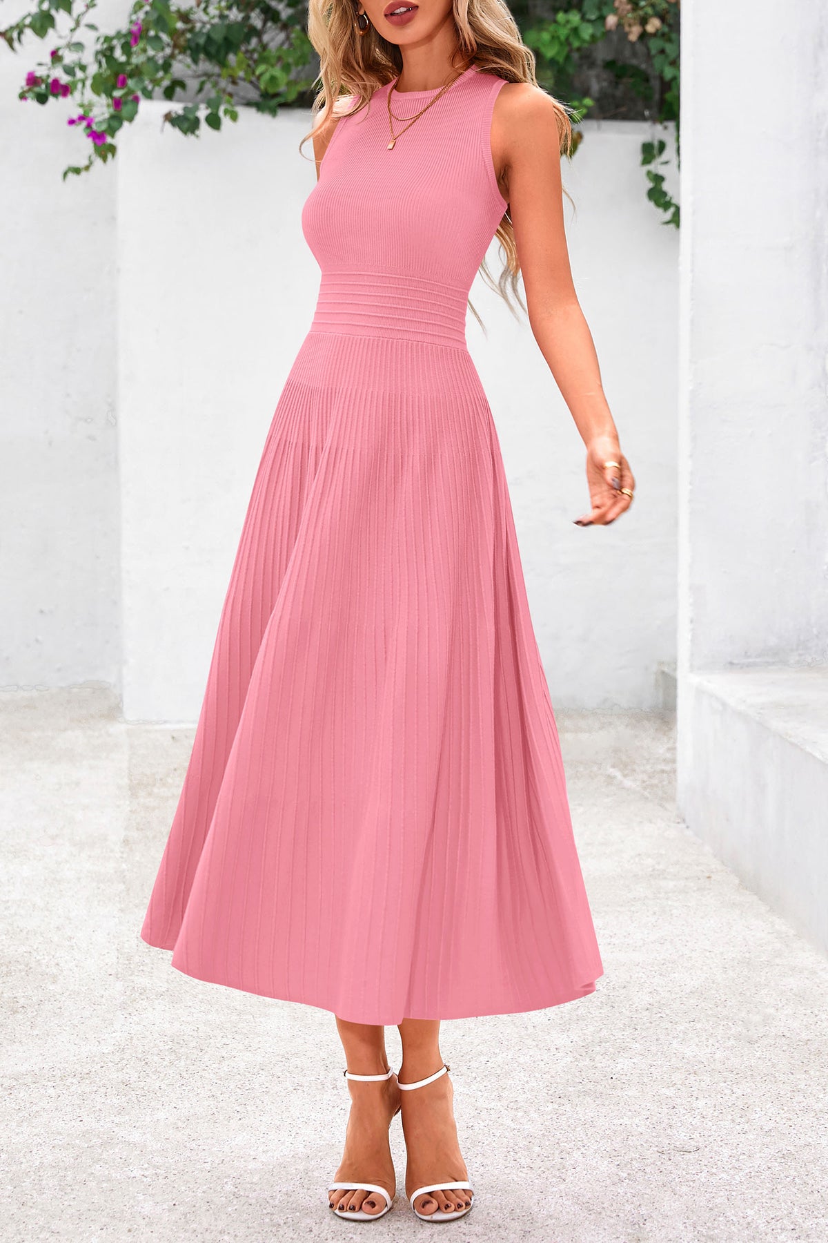 Women's Summer Midi Dresses 2025 Sleeveless Crewneck Knit A Line Pleated Swing Wedding Guest Casual Tank Dress