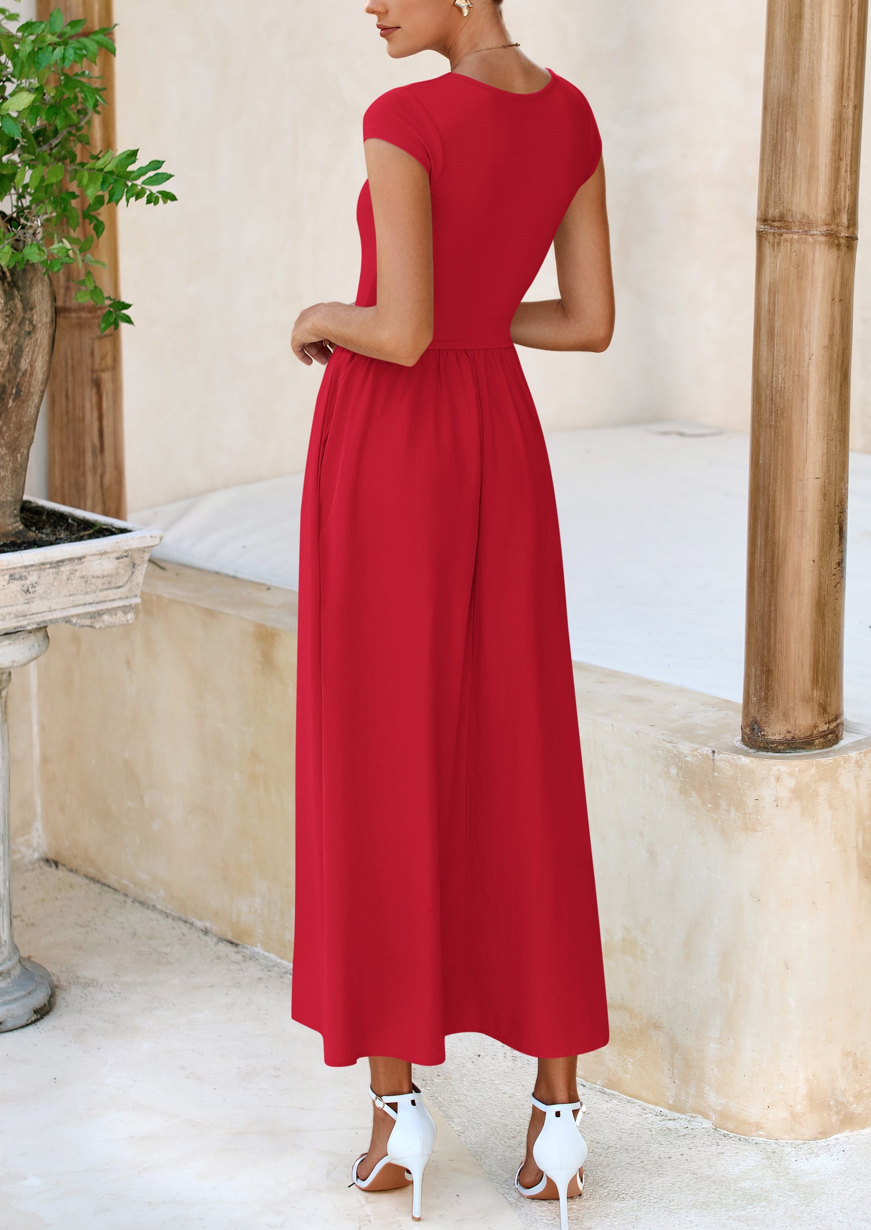 PRETTYGARDEN Women's Casual Long Dresses Cap Sleeve Patchwork A Line Flowy Modest Elegant Homecoming Maxi Dress