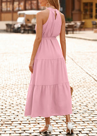 PRETTYGARDEN Women's Summer Floral Maxi Sun Dress Sleeveless Halter Neck Flowy Ruffle Hem Long Boho Dresses with Belt