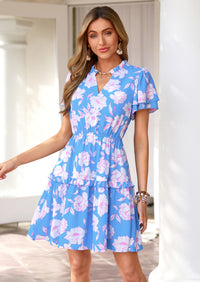 PRETTYGARDEN Womens Summer Floral Mini Dress Trendy Ruffle Short Sleeve V Neck Flowy A Line Short Beach Dresses