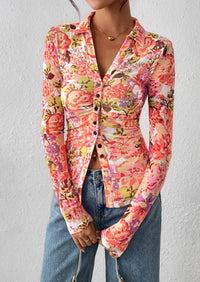 PRETTYGARDEN Women Button Down Floral Shirts Fall Trendy Long Sleeve V Neck Ruched Fitted Mesh Blouse Tops Date Outfits
