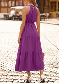 PRETTYGARDEN Women's Summer Floral Maxi Sun Dress Sleeveless Halter Neck Flowy Ruffle Hem Long Boho Dresses with Belt