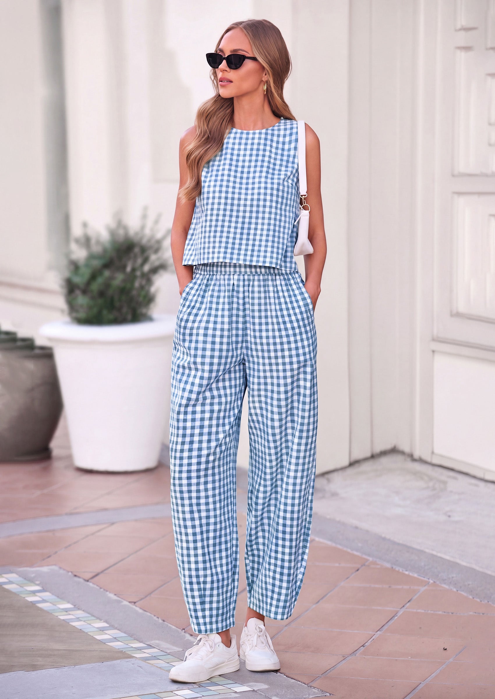 PRETTYGARDEN Womens 2 Piece Sets Summer Plaid Sleeveless Tops Wide Leg Pants Matching Lounge Set Beach Vacation Outfits