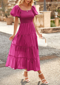 PRETTYGARDEN Women's Summer Casual Midi Dress Puffy Short Sleeve Square Neck Smocked Tiered Ruffle Dresses