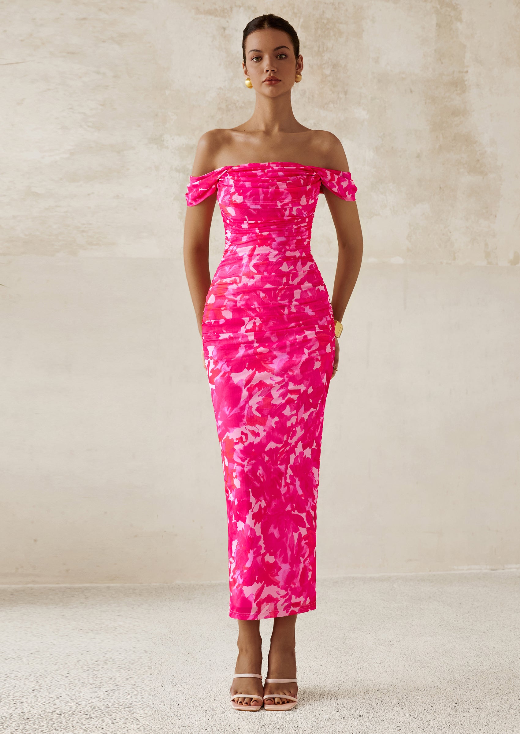 PRETTYGARDEN Maxi Dresses for Women Summer Elegant Floral Off Shoulder Ruched Mesh Cocktail Wedding Guest Dress