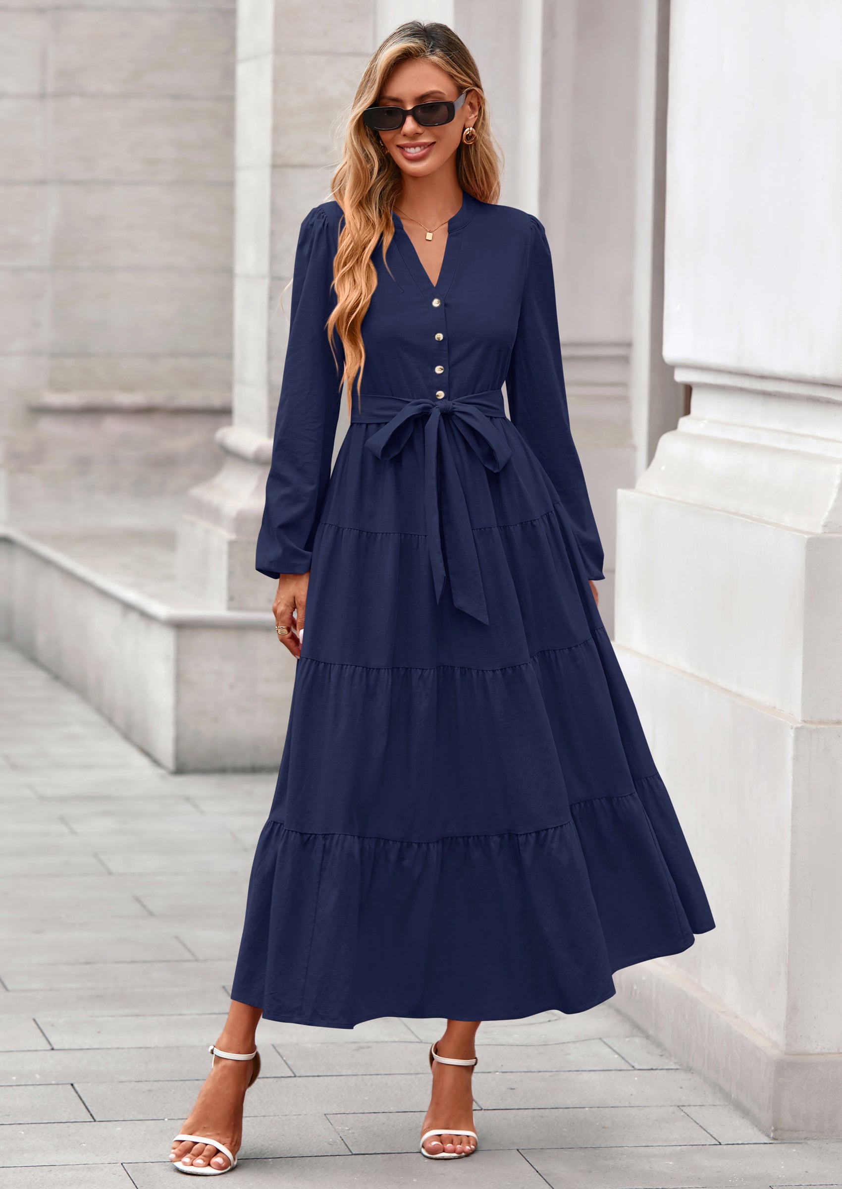 PRETTYGARDEN Fall Dresses for Women Long Sleeve V Neck Belted Ruffle A Line Flowy Boho Maxi Wedding Guest Dress Pockets