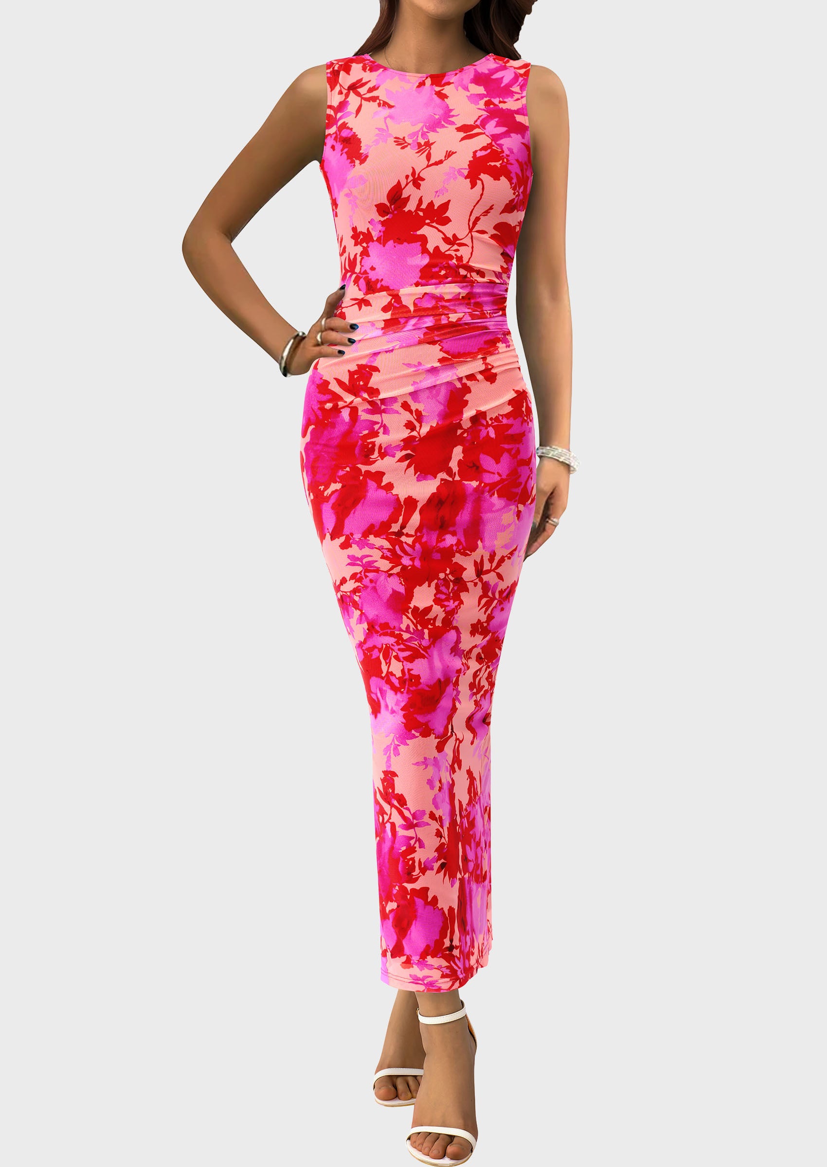 PRETTYGARDEN Wedding Guest Dresses for Women Spring Floral Bodycon Sleeveless Mesh Maxi Long Dress