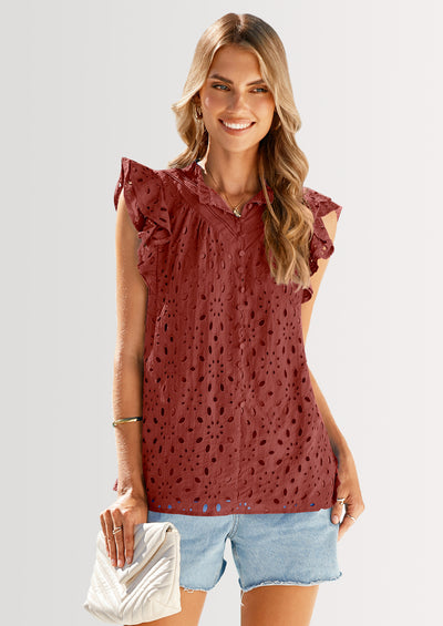 PRETTYGARDEN Womens Summer Tops 2025 Dressy Casual Ruffle Cap Sleeve Button V Neck Embroidered Eyelet Blouses Shirts