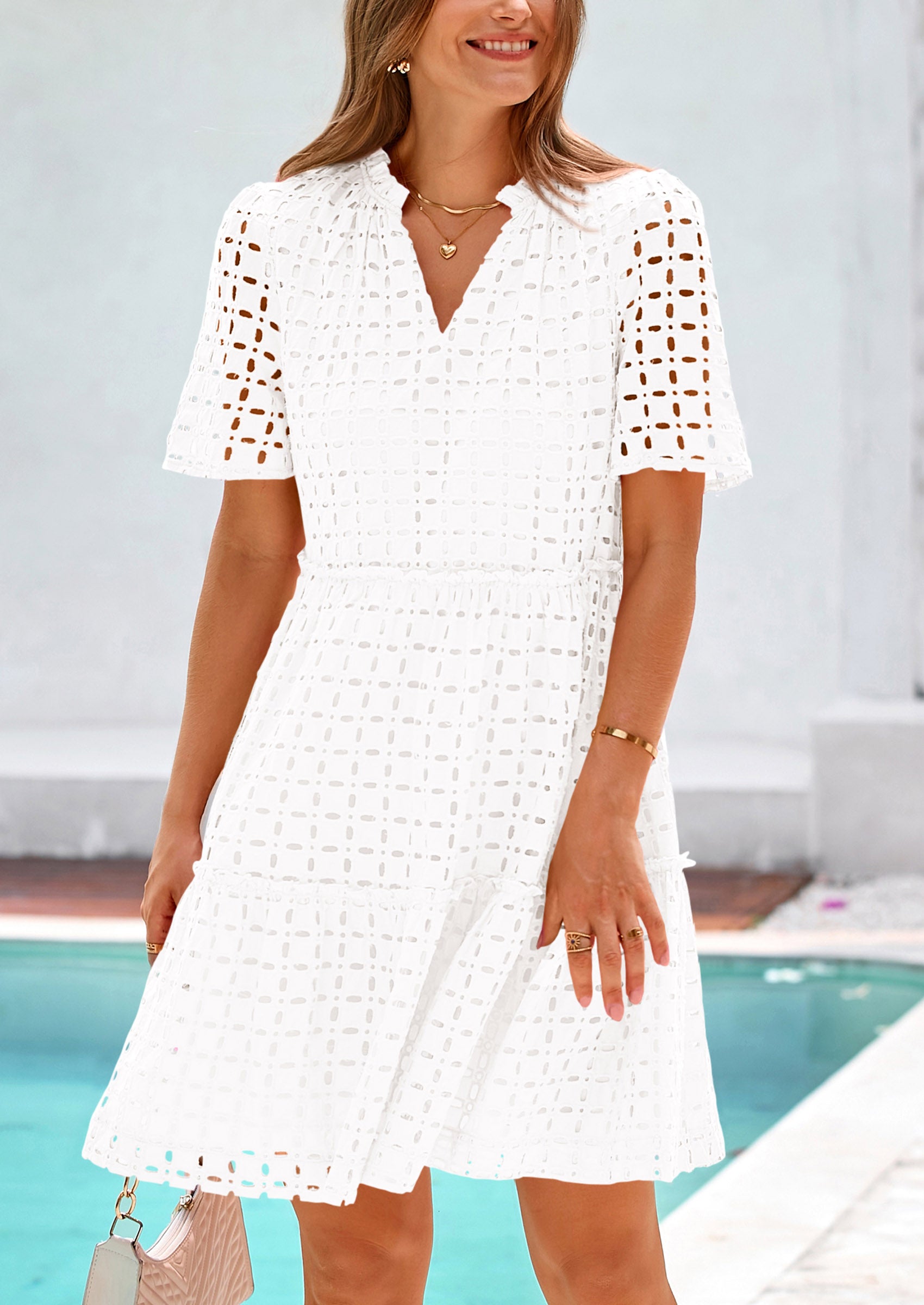 PRETTYGARDEN Women's Short Sleeve Mini Dress Summer V Neck Hollow Out Eyelet Ruffle A Line Swing Short Dresses