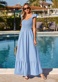 PRETTYGARDEN Women's Summer Casual Maxi Dresses Cap Sleeve V Neck Smocked Long Pockets Party Sundress Vacation Outfits